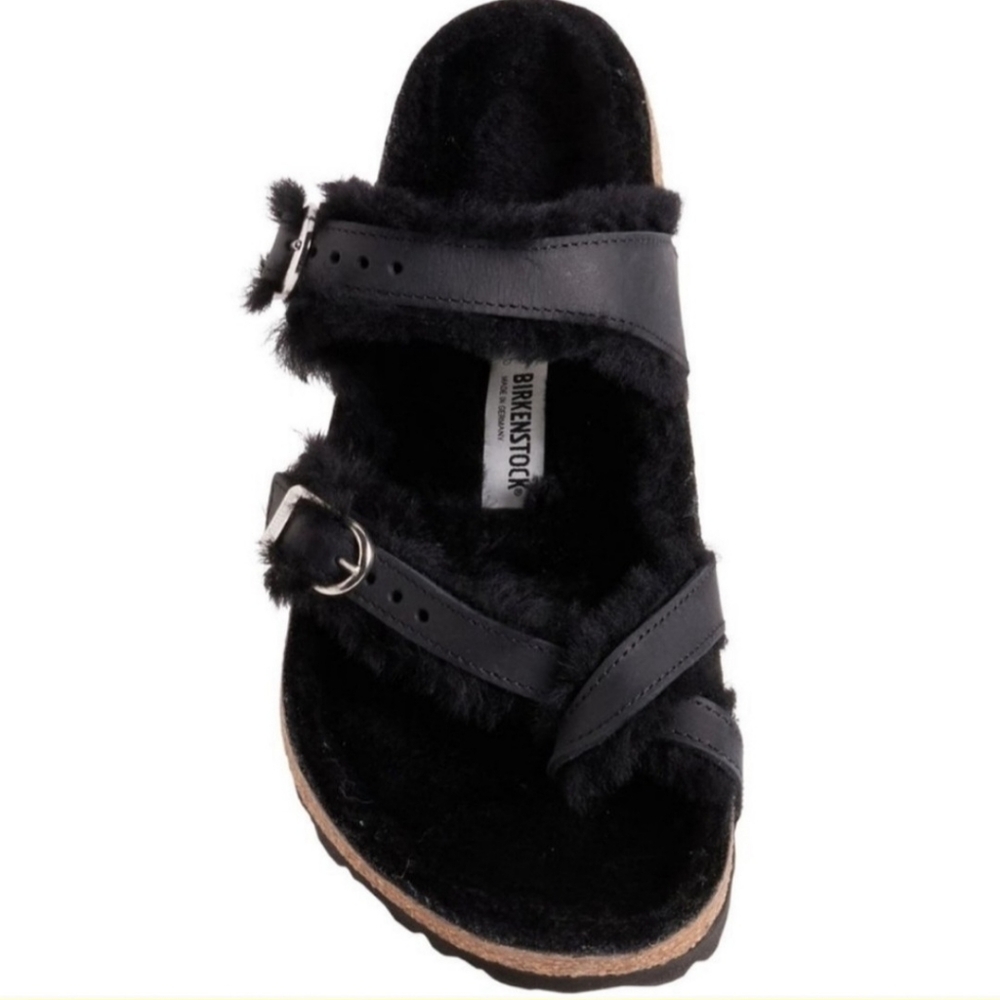NWOT BIRKENSTOCK Mayari Shearling Natural Leather Oiled Black Size 39 MSRP $160 - Picture 2 of 15